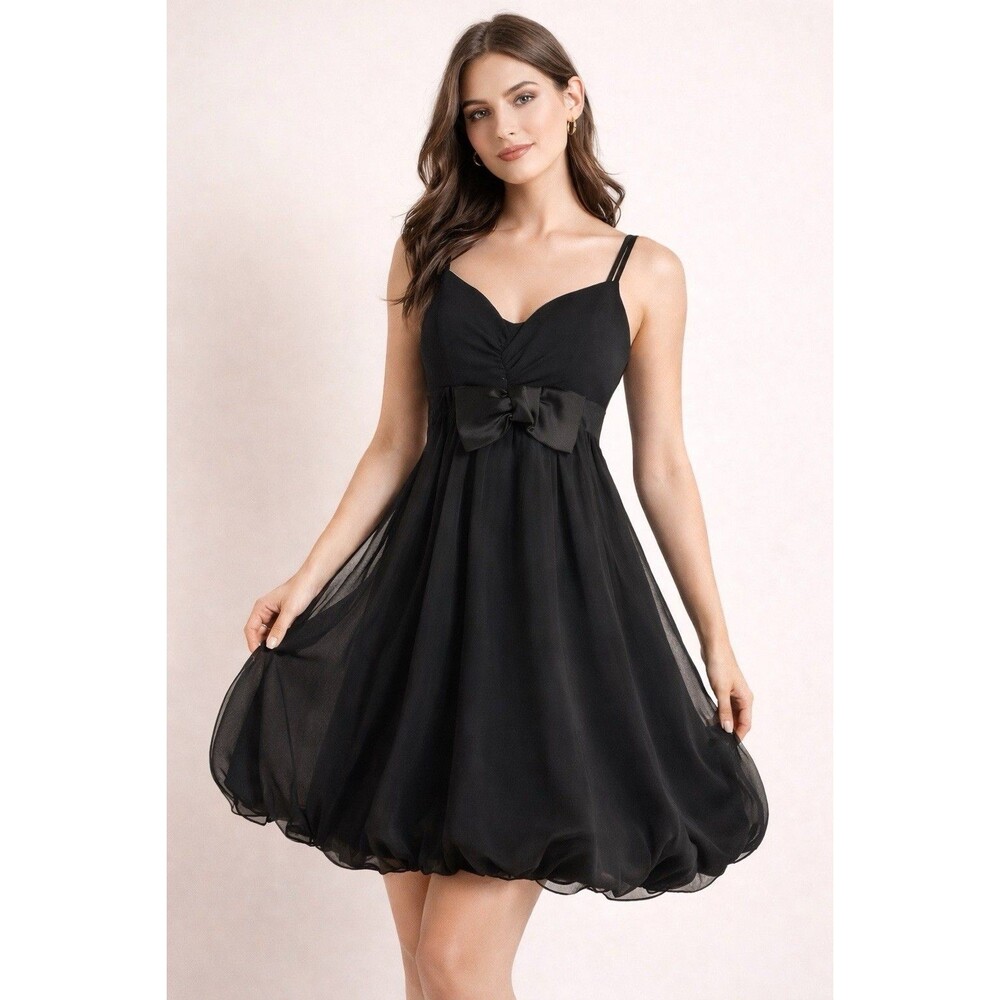 Black Chiffon Bubble Hem Cocktail Dress Bow Detail Flowy Party M